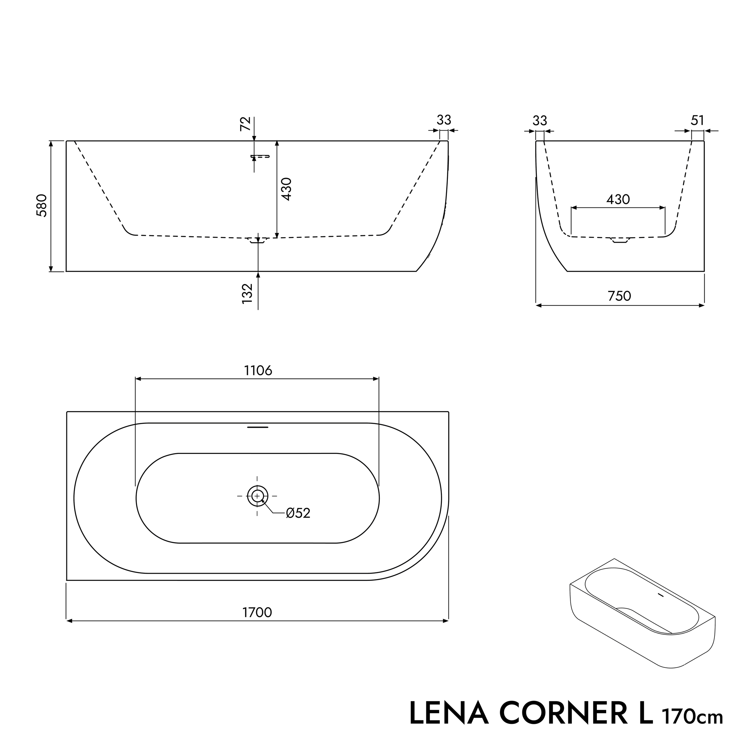 Halb freistehende Badewanne LENA CORNER