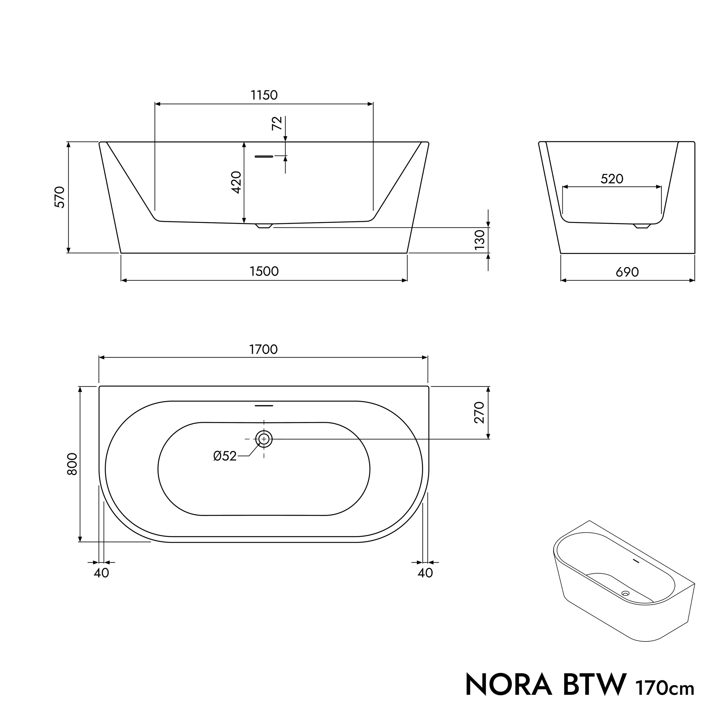 Halb freistehende Raumsparbadewanne NORA