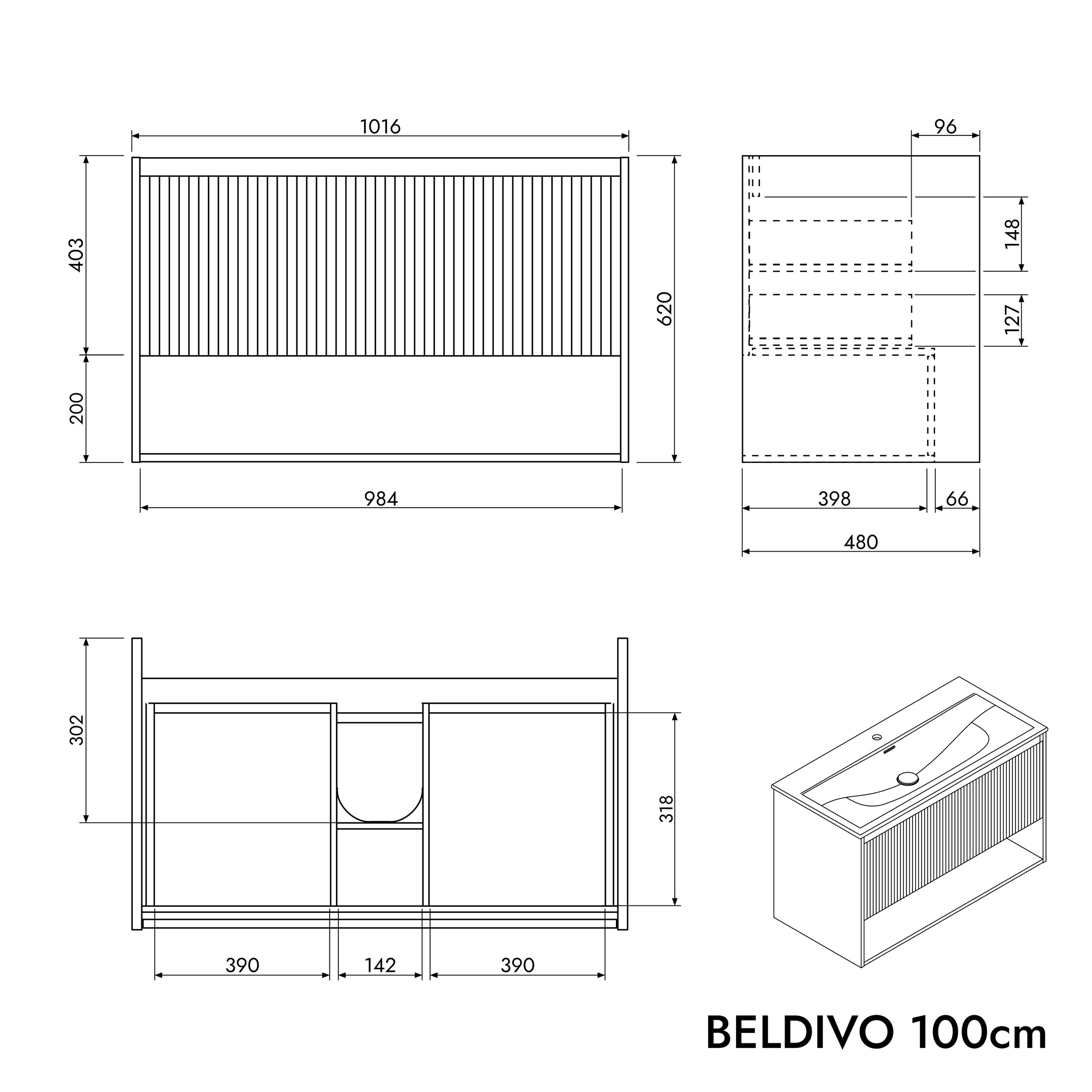 Waschtischunterschrank BELDIVO 100 cm mit Waschbecken