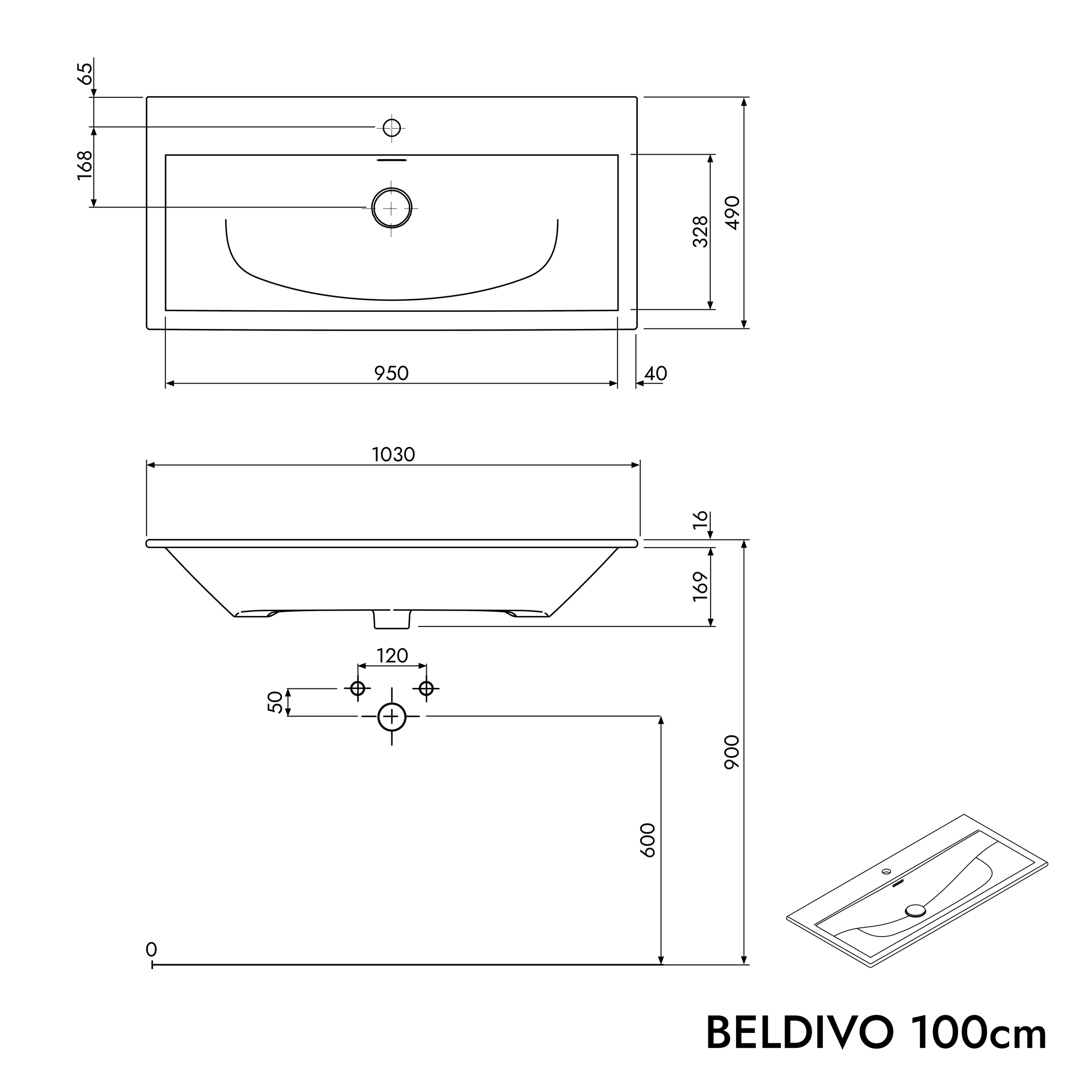 Waschtischunterschrank BELDIVO 100 cm mit Waschbecken