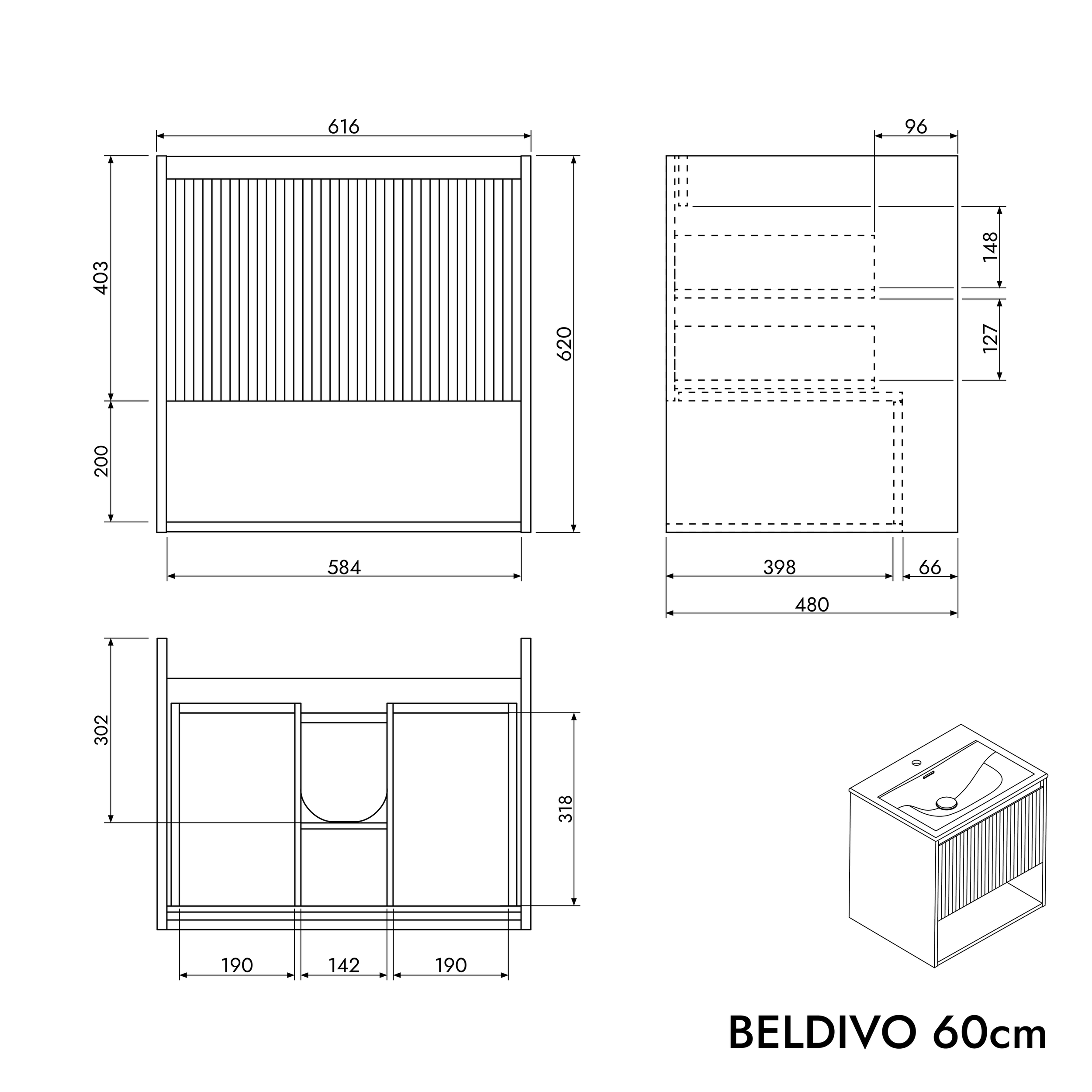 Waschtischunterschrank BELDIVO 60 cm mit Waschbecken