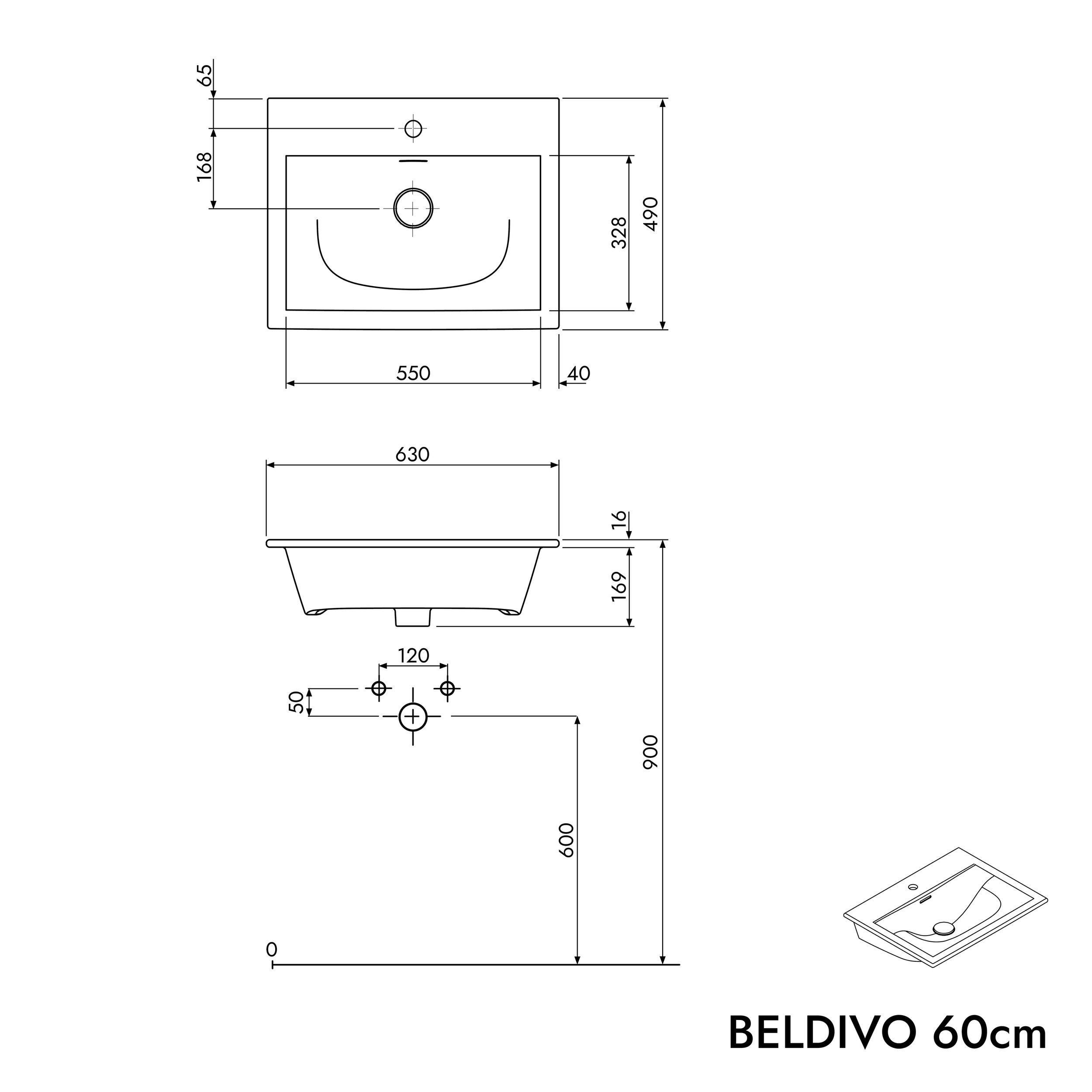 Waschtischunterschrank BELDIVO 60 cm mit Waschbecken