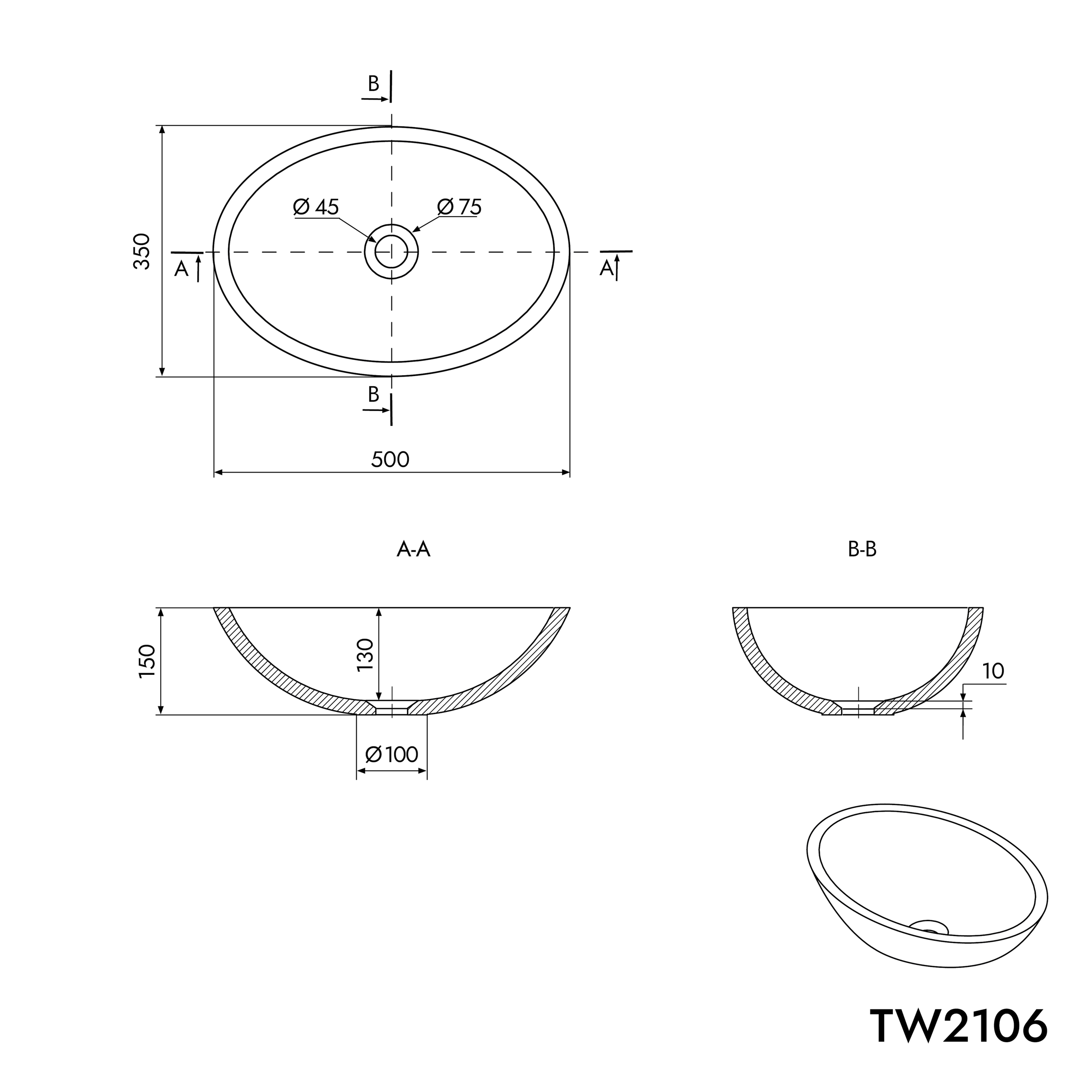 Ovales Aufsatzwaschbecken TW2106