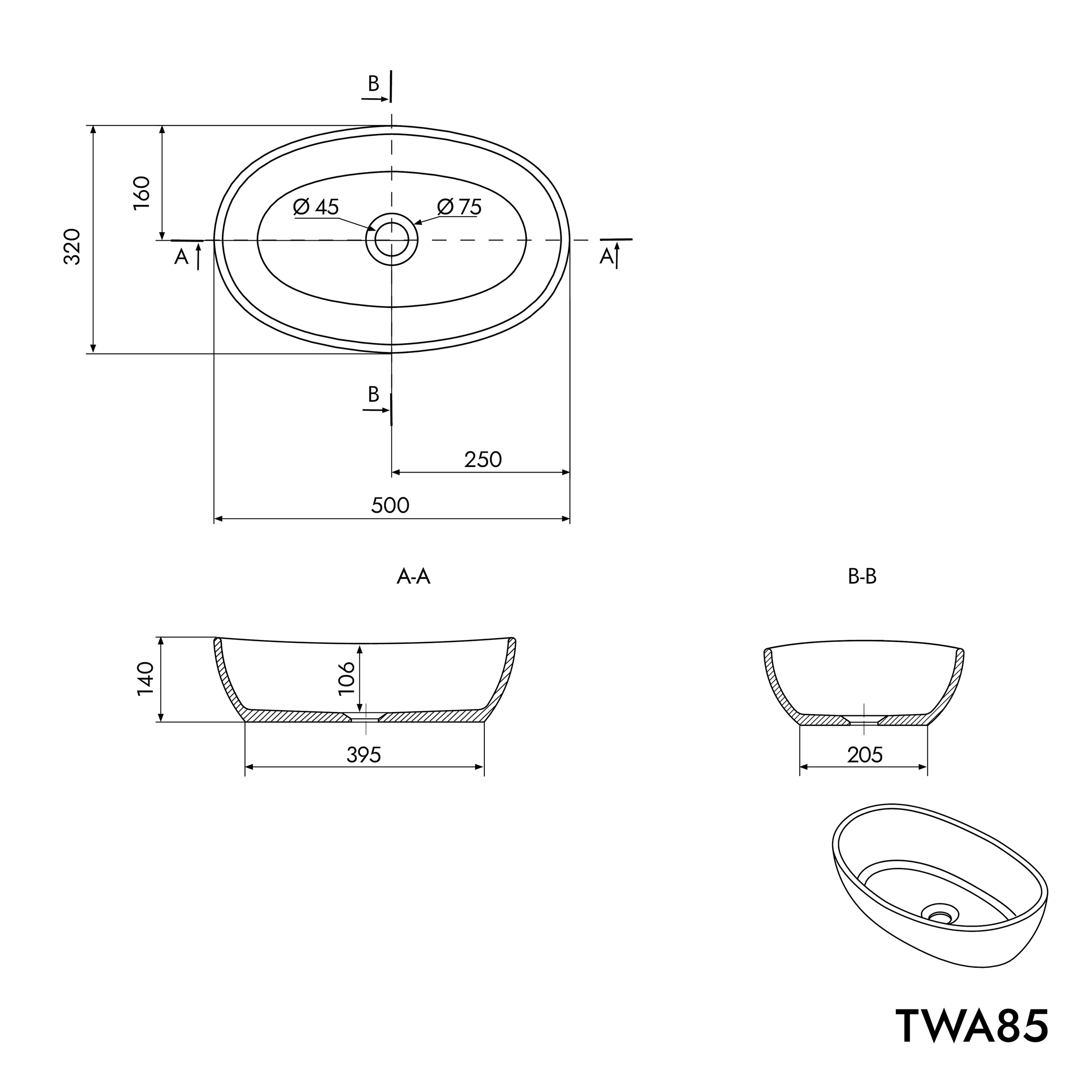Ovales Aufsatzwaschbecken TWA85