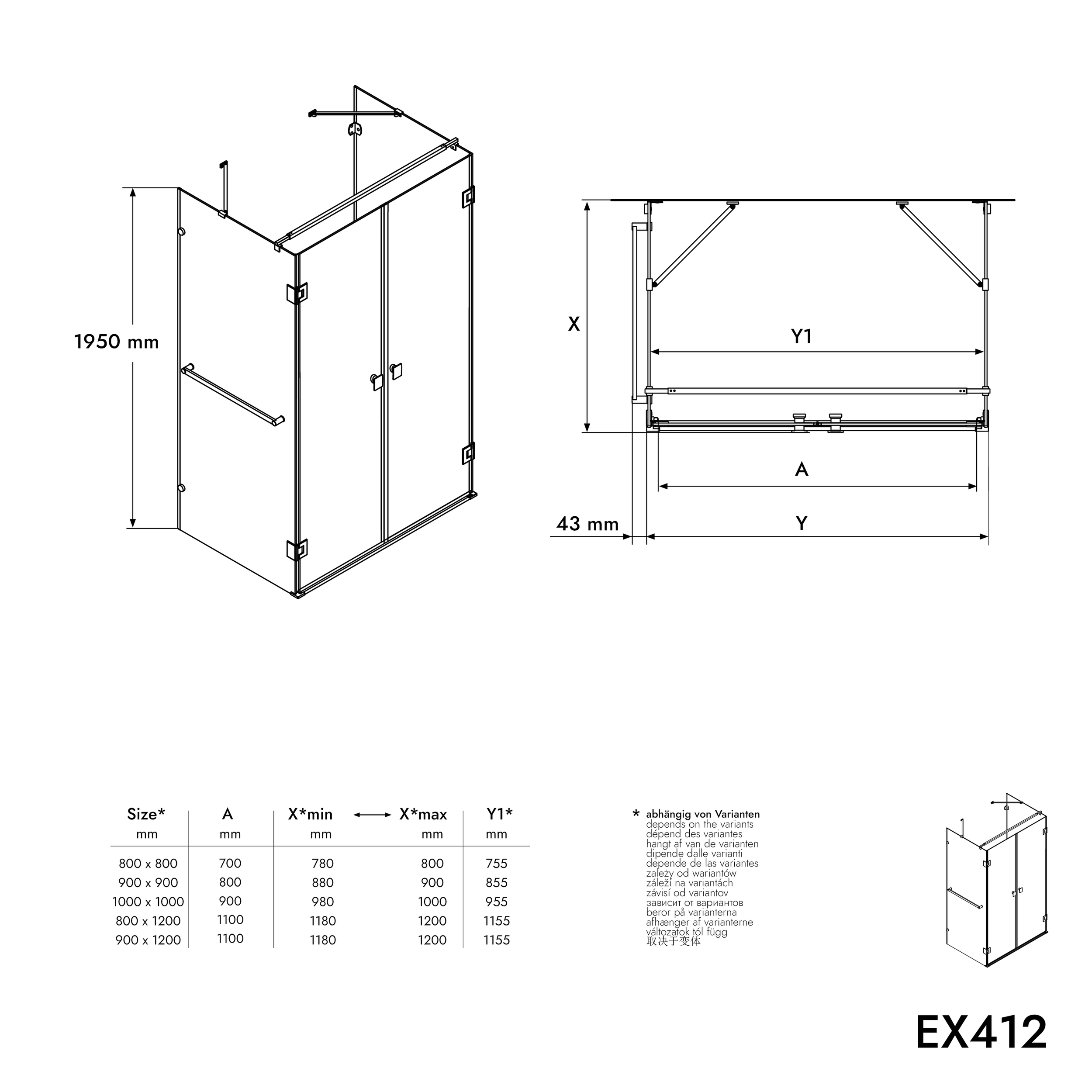 Duschkabine U-Form EX412 mit Drehtüren