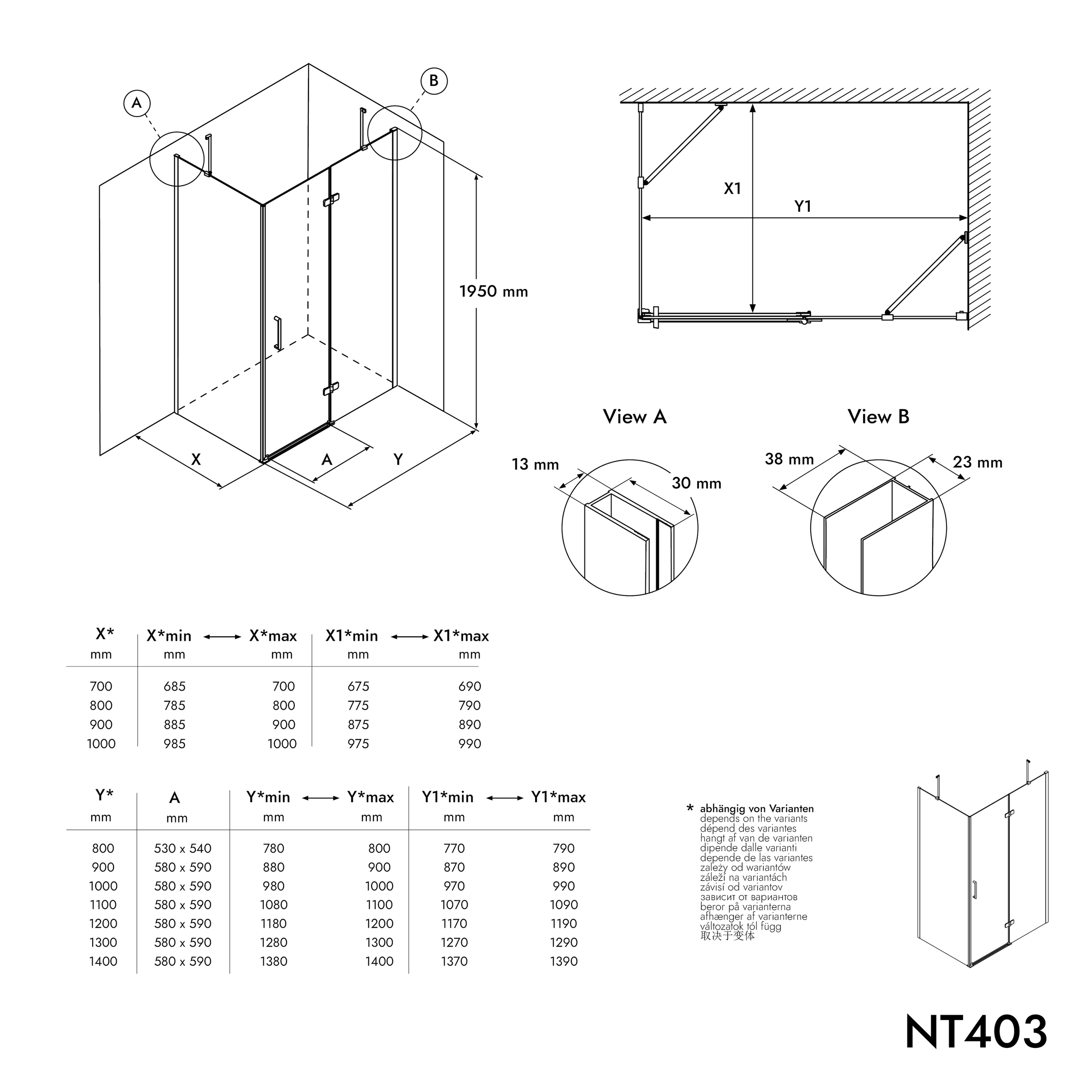 Eckdusche mit Drehtür an Festfeld NT403
